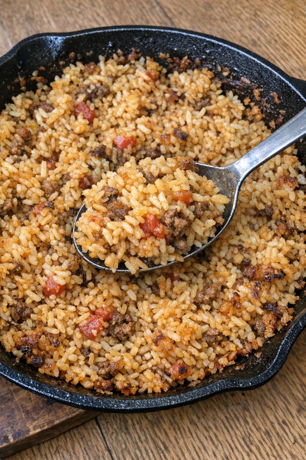 Close up of golden skillet rice