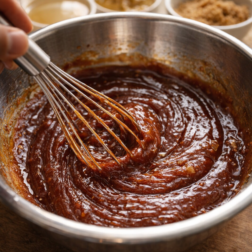 Barbecue sauce mixture being whisked in a bowl