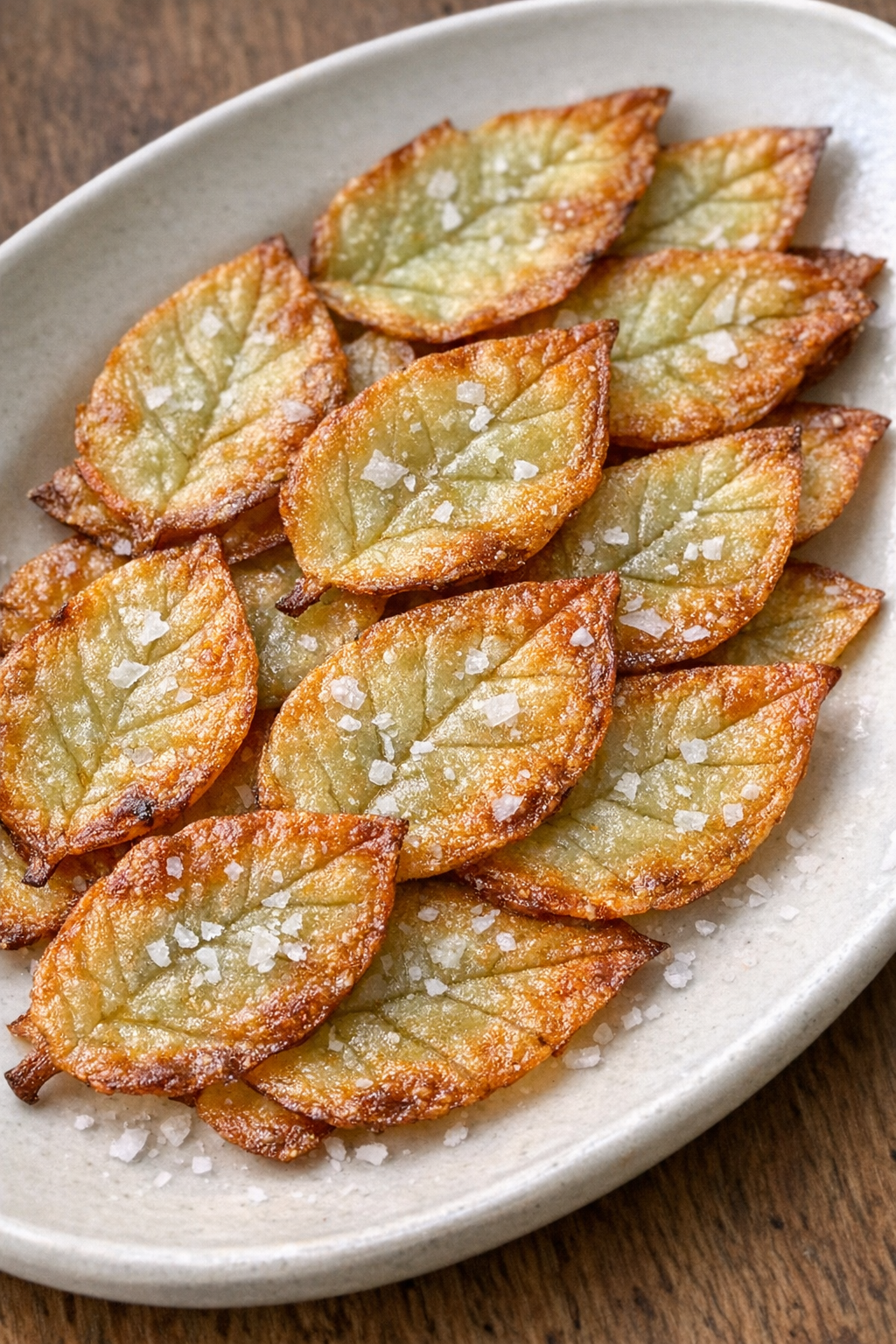Thin crispy potato leaf crisps on an oval platter