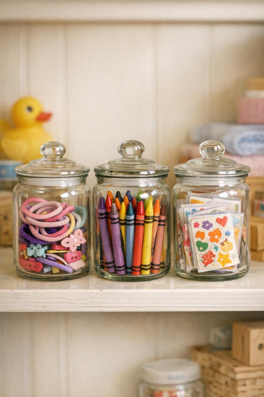 Decorative jars used in a family space with kid-friendly items inside