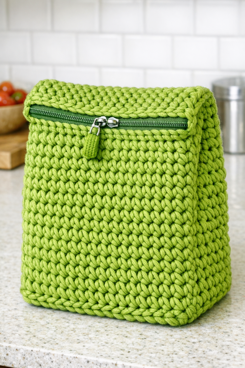 Finished crocheted apple green lunch bag with zipper