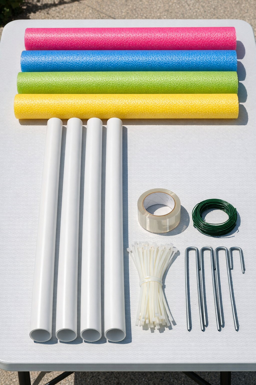 Materials for giant pool noodle yard lollipops laid out on a work surface