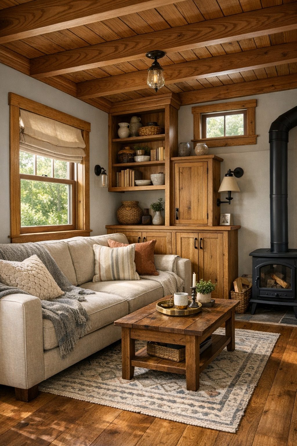 Cozy handcrafted tiny home living room with built-in wood millwork and soft neutral seating