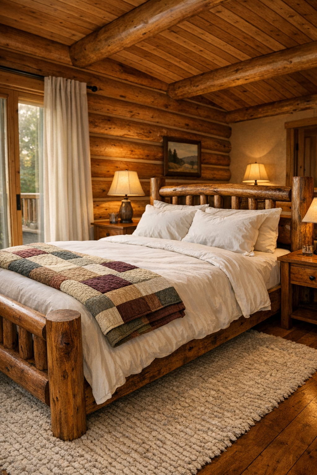 Peaceful cedar bedroom with handcrafted wood bed and soft neutral textiles