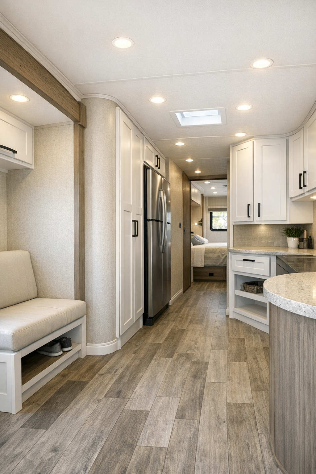 Open accessible RV hallway with built-in storage and rounded edges
