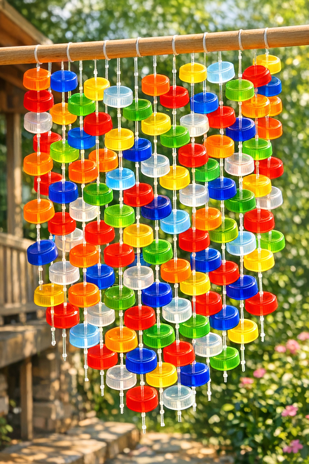 Finished colorful bottle cap suncatcher curtain hanging outdoors