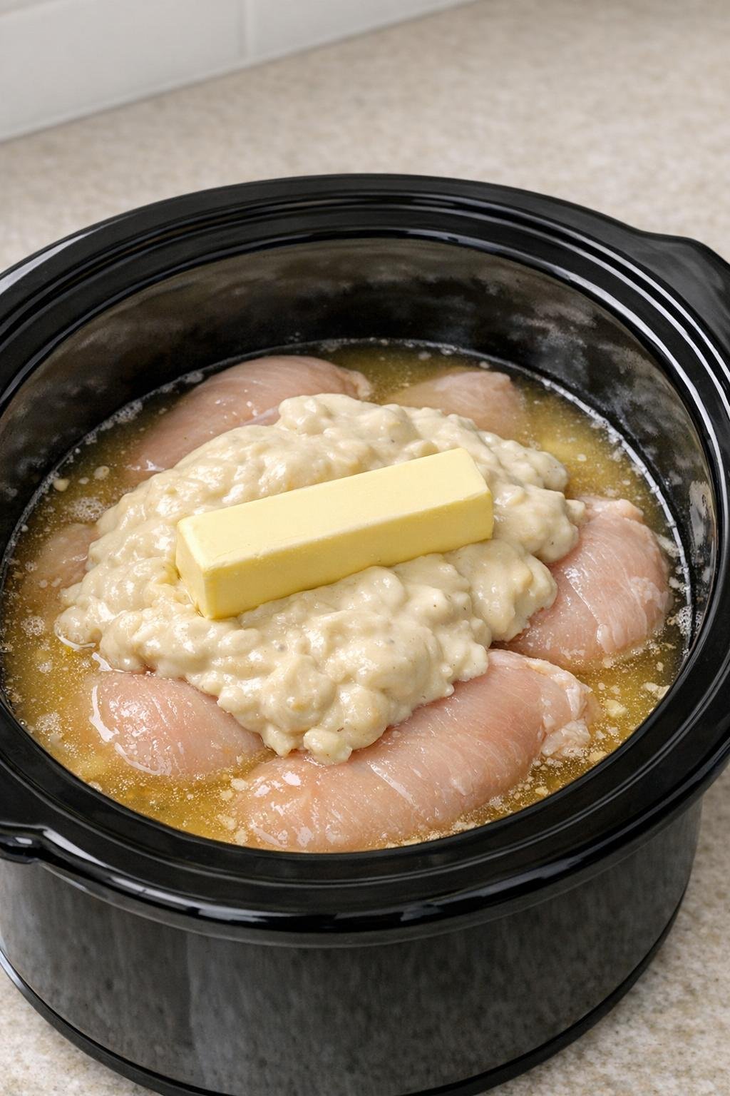 Doe de kip, soep, bouillon en boter in de slowcooker voordat je gaat koken.