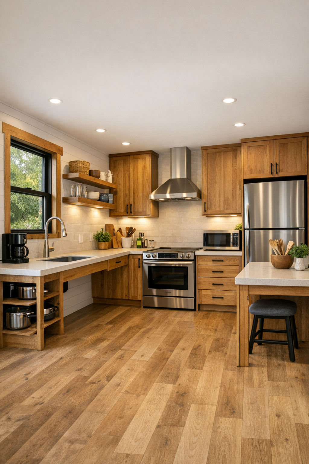Bright accessible kitchen with warm wood cabinetry and pale counters