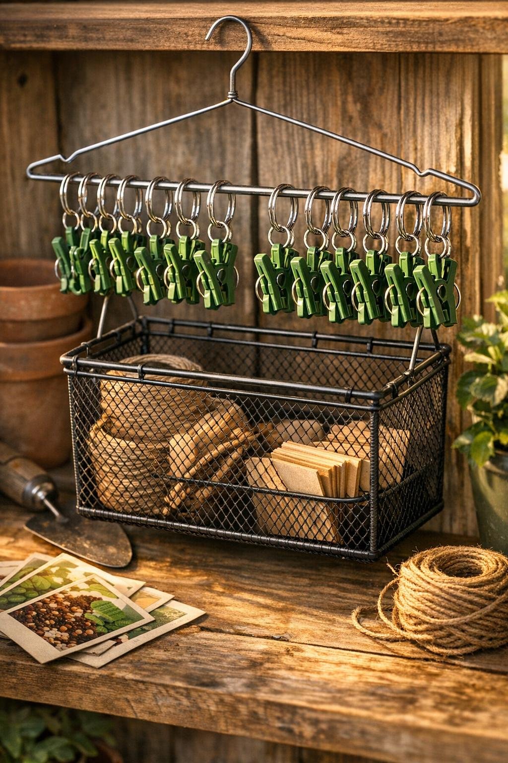 Finished garden clip organizer made from wire coat hangers hanging in a potting shed