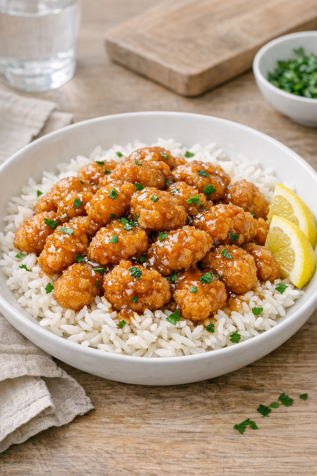 Finished plated popcorn shrimp with sauce