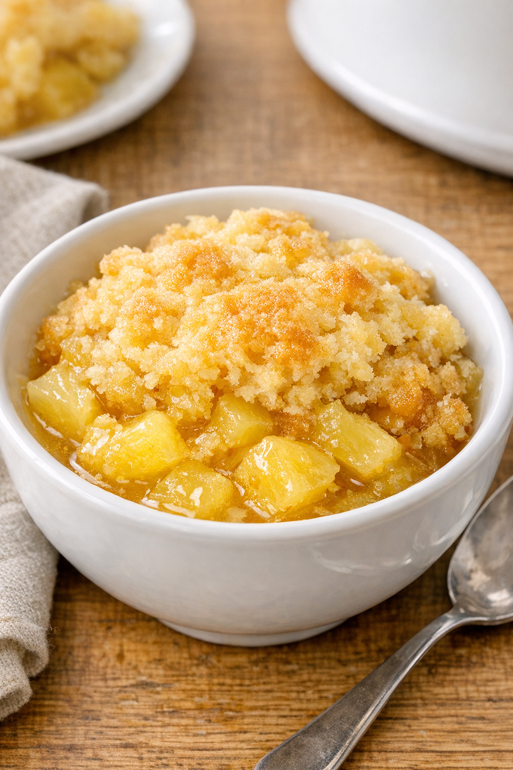 Warm slow cooker pineapple dessert served in a bowl