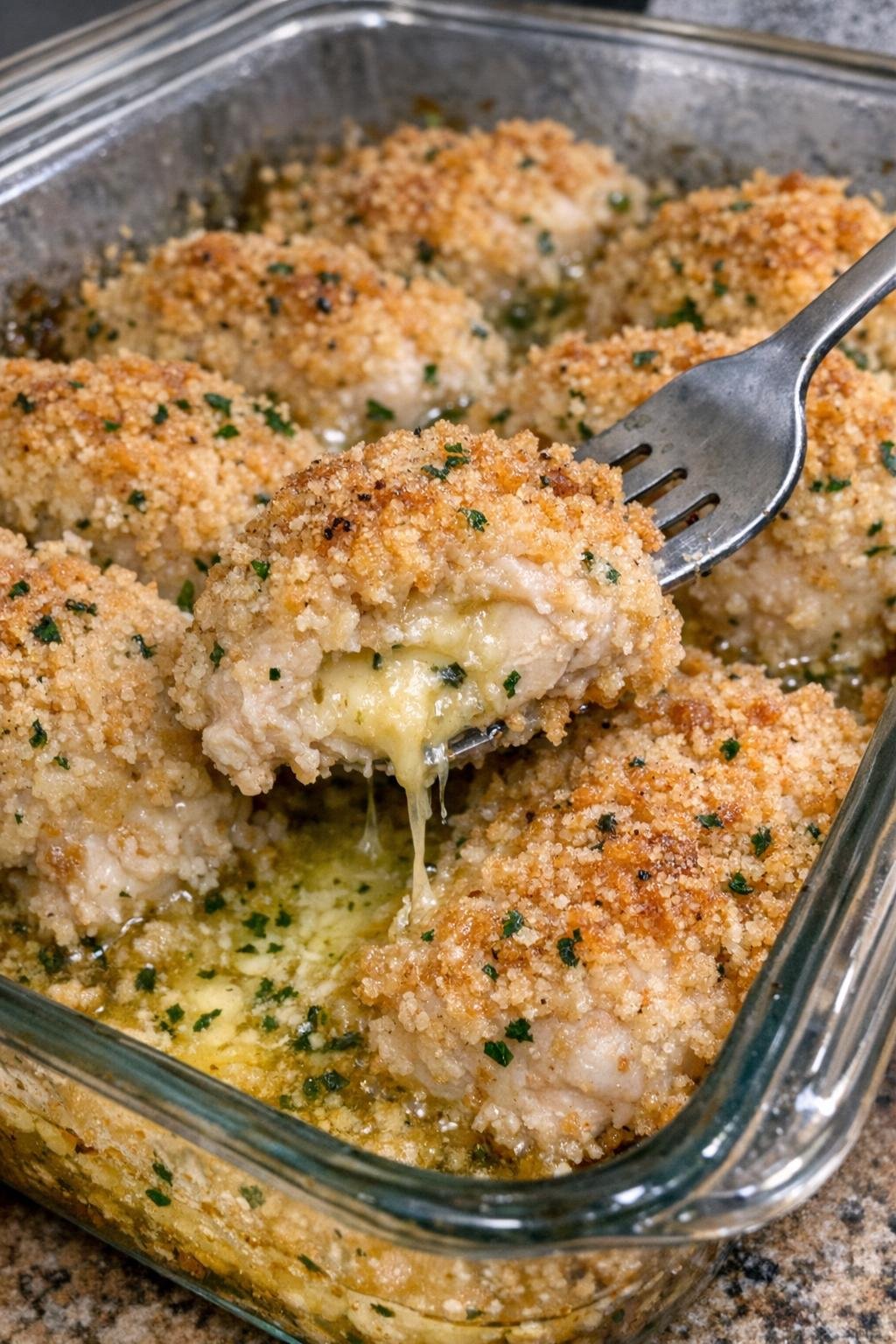 Golden breaded chicken pieces with melted herb butter in a rectangular Pyrex dish