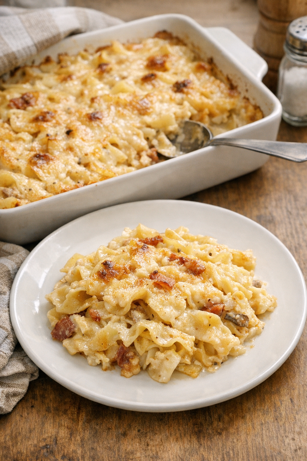 Finished baked smoked gouda noodle casserole