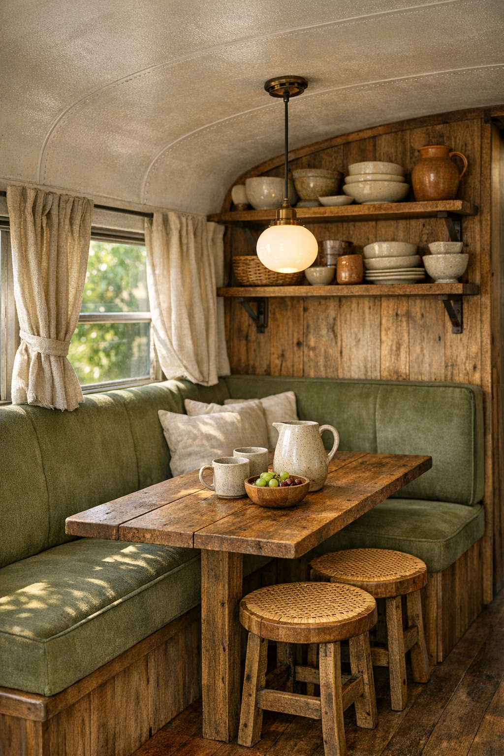 Compact dining nook inside a converted bus with olive banquette and reclaimed wood table