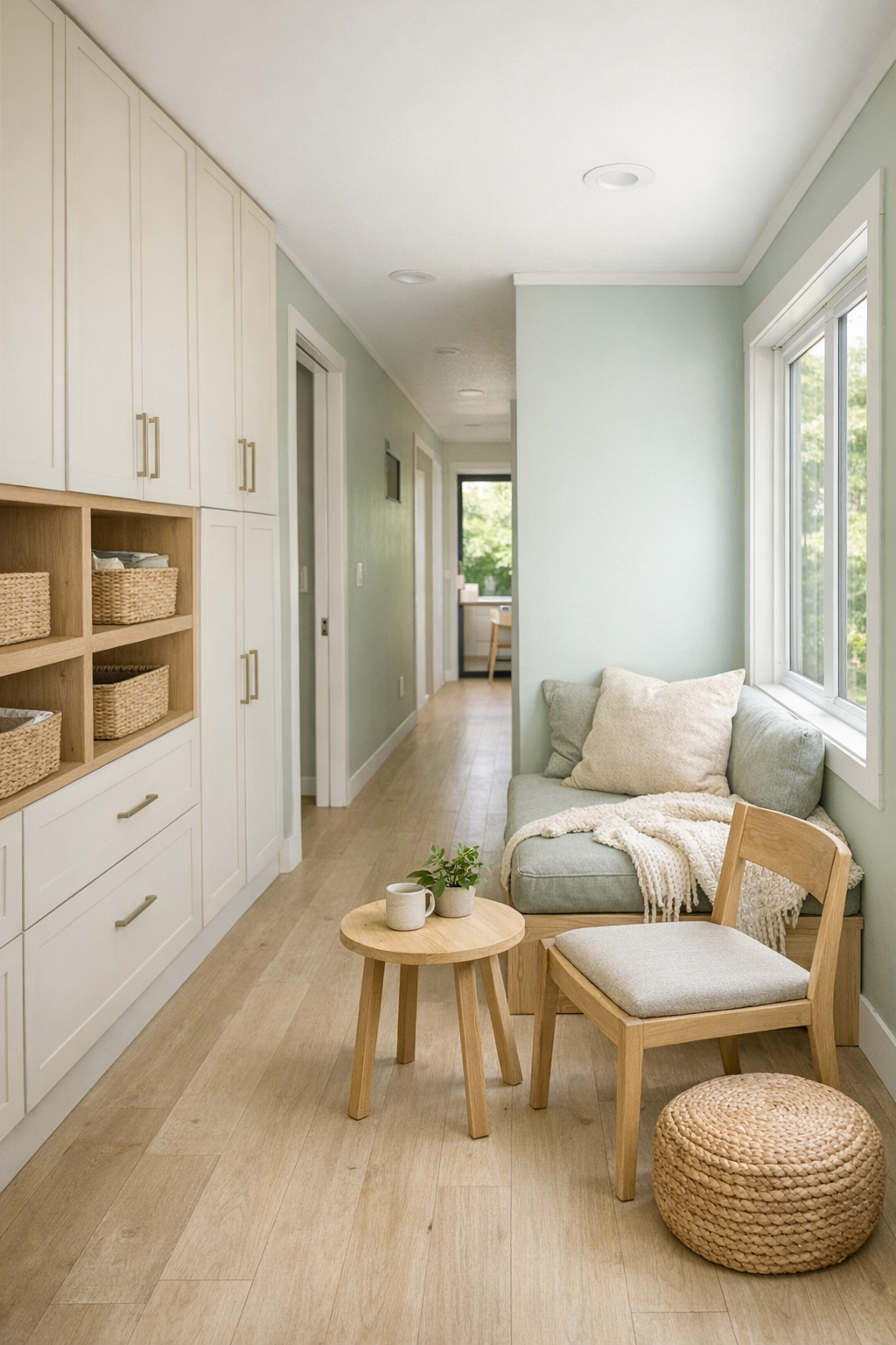 Hallway and reading nook with built-in storage, pale wood, and soft natural light