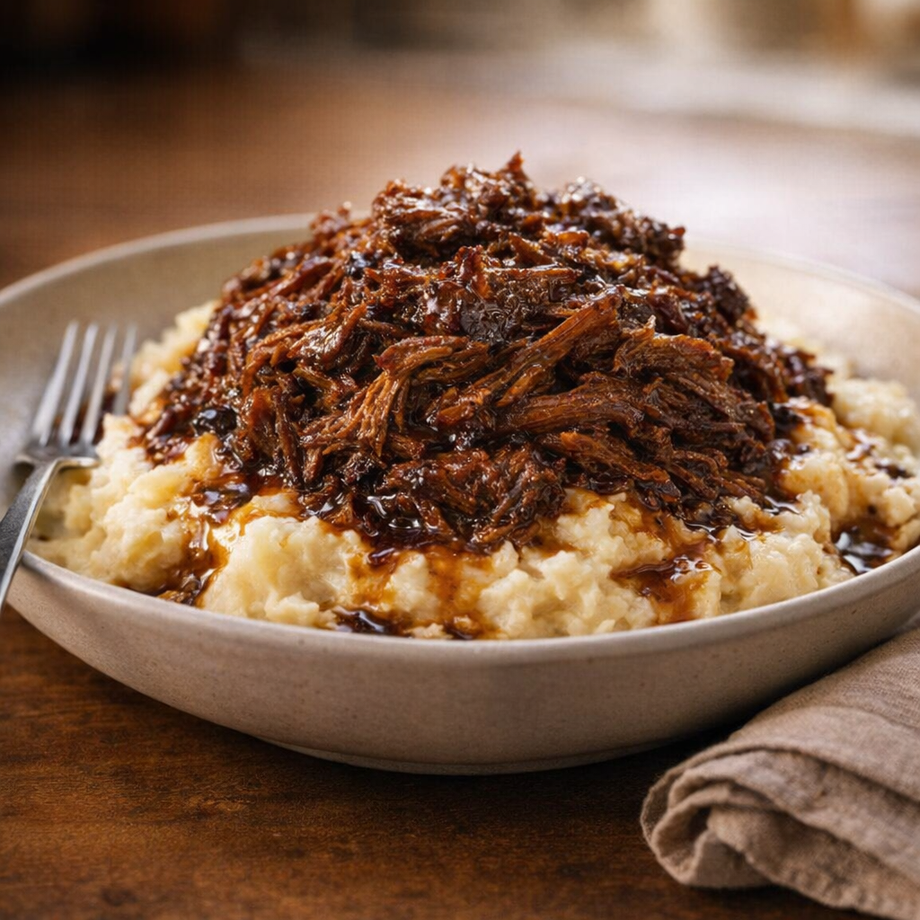 Shredded barbecue beef spooned over mashed potatoes