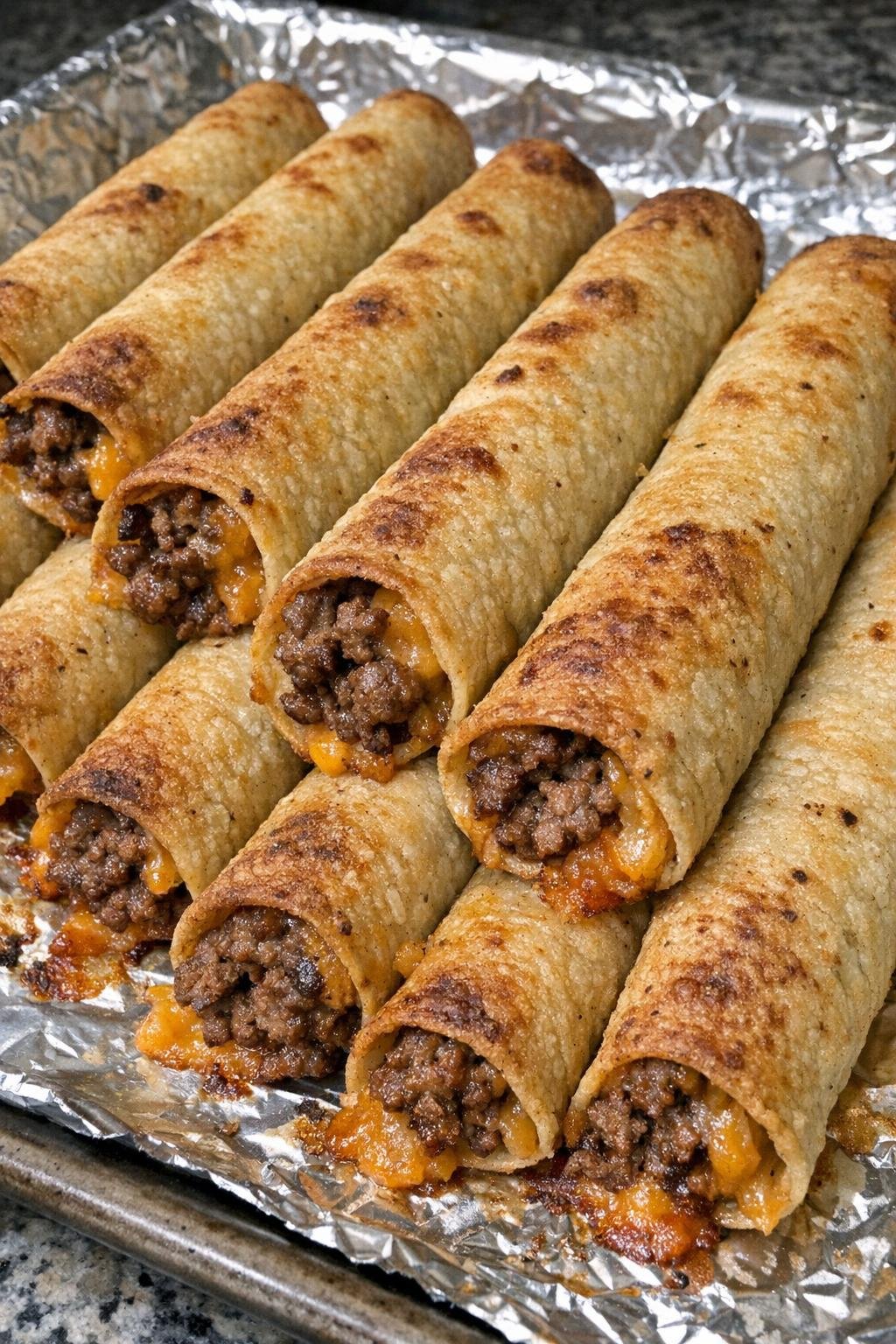 Oven baked beef taquitos on a foil-lined baking sheet