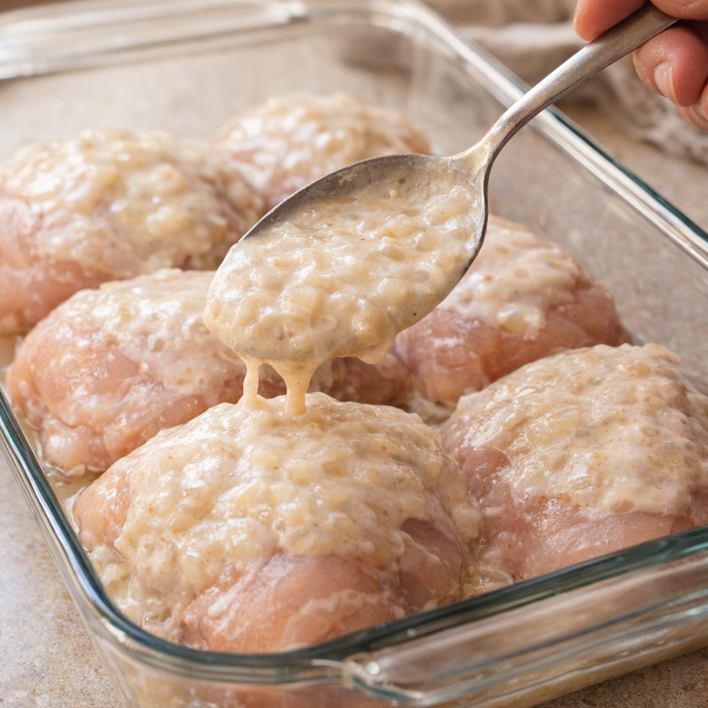 Thick onion soup mixture being spooned over chicken