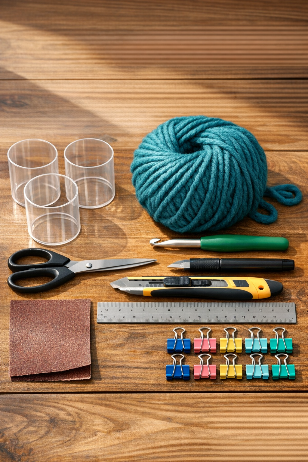 Materials for a crocheted school supplies tower laid out on a table