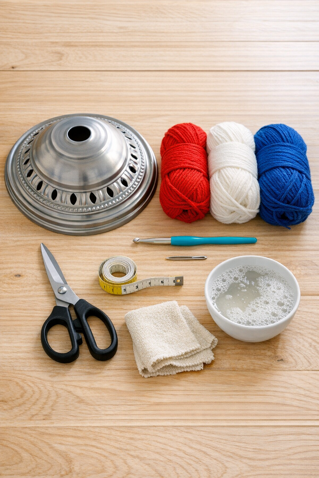Materials for a crochet patriotic centerpiece bowl laid out on a table
