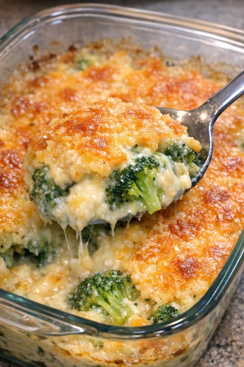 Close-up of broccoli casserole with a spoon lifting a portion