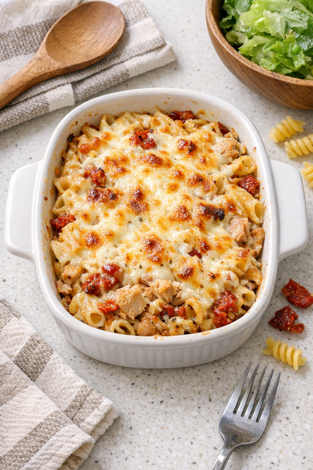 Finished baked sundried tomato tuna in a casserole dish