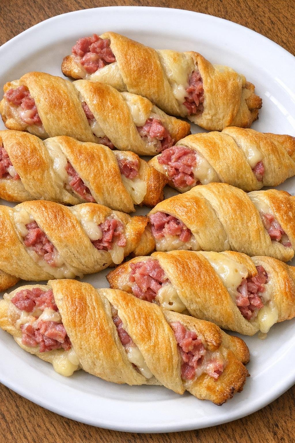 Twisted golden crescent dough spirals filled with corned beef and baby Swiss cheese on a white platter