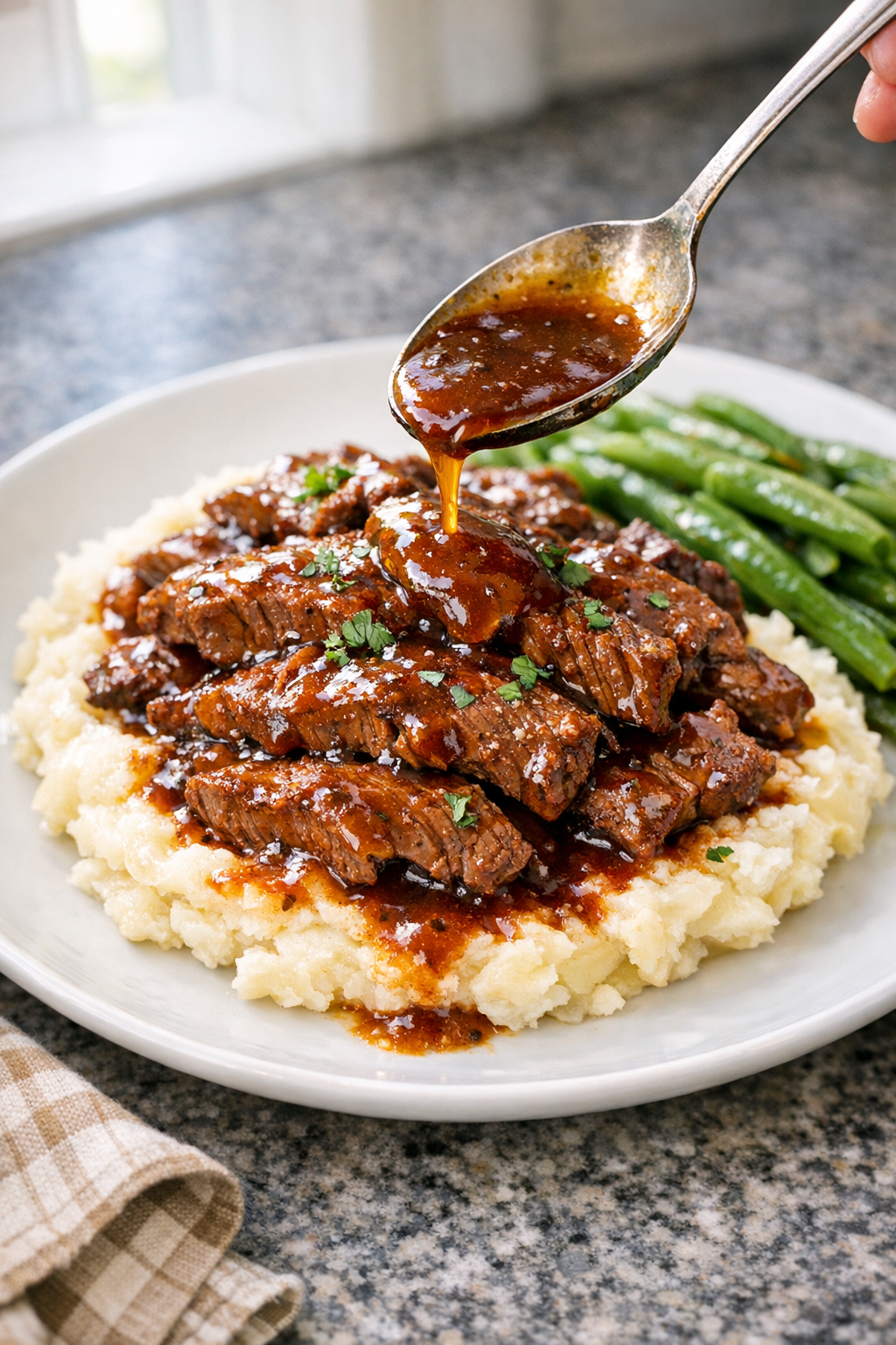 Finished Amish paprika beef served over mashed potatoes
