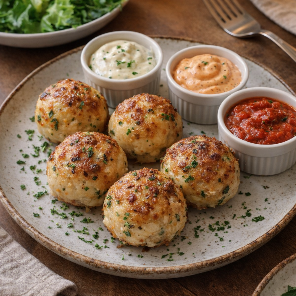 Potato balls served with dipping sauces on a casual dinner table