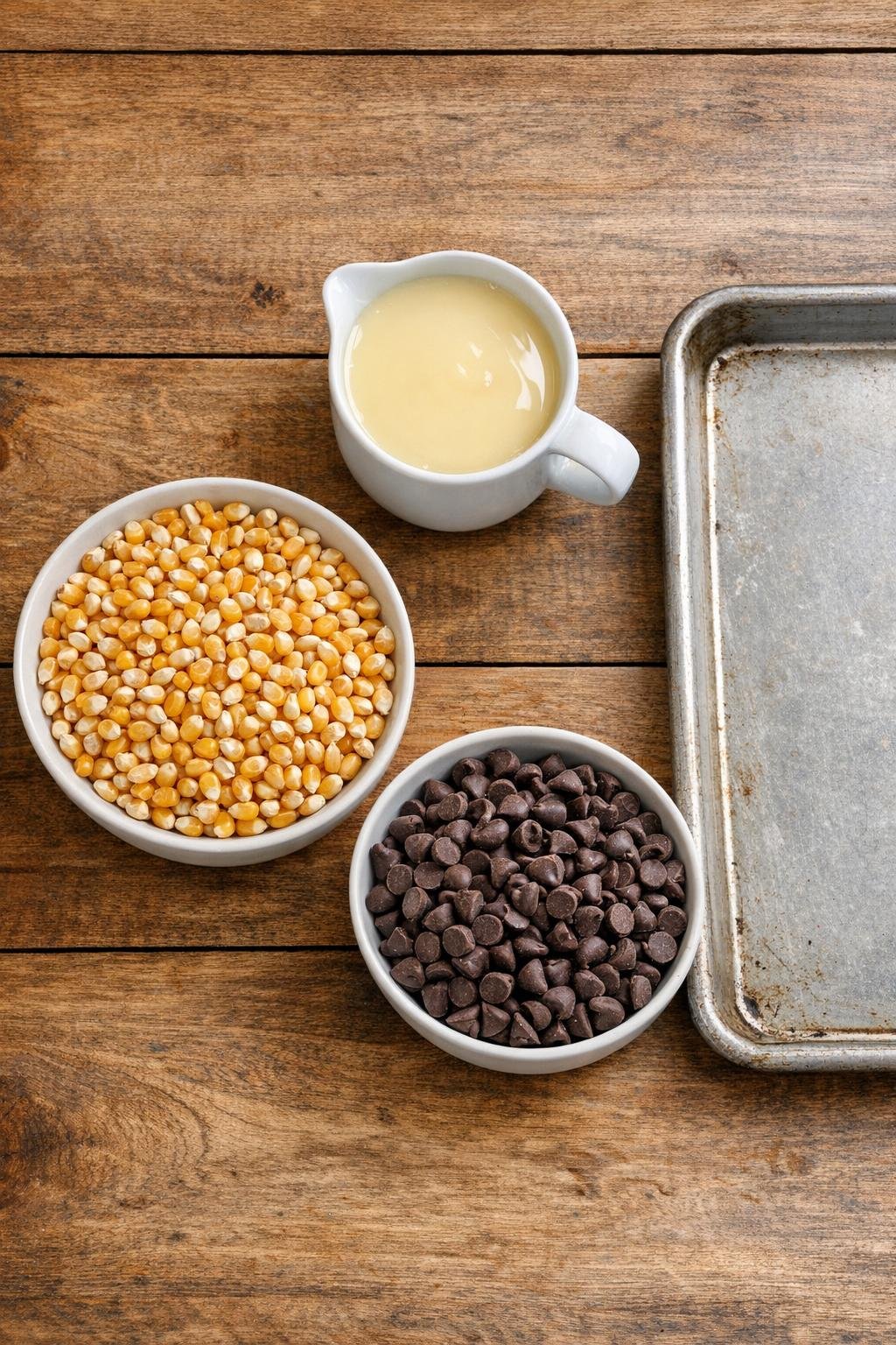 Maïs à éclater en grains mesuré, lait concentré et pépites de chocolat