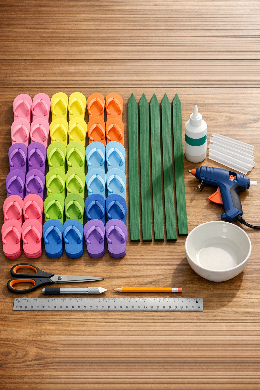 Brightly colored foam flip flops, green wooden stakes, glue, and cutting tools laid out on a table