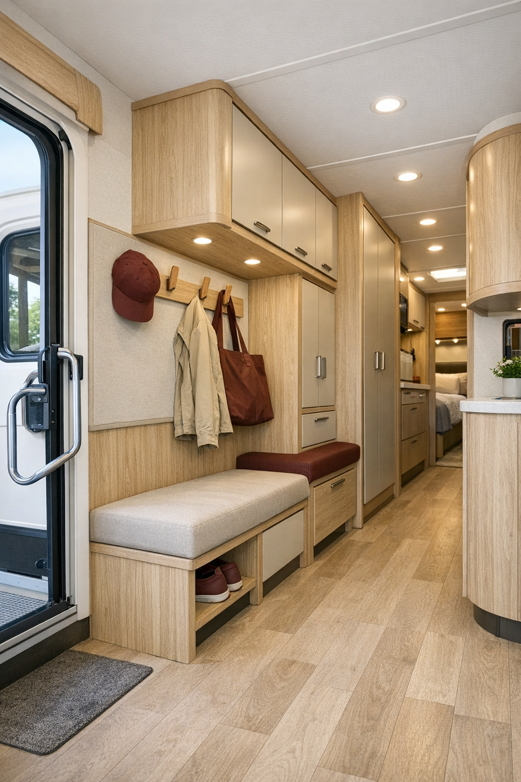 Accessible RV camper entry and hallway with built-in storage, light flooring, and clean modern details