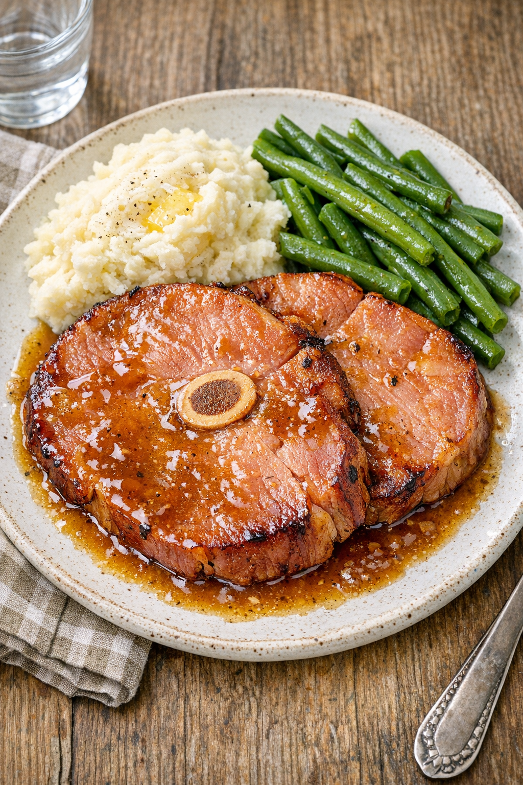 Finished slow cooker ham steaks plated with sauce