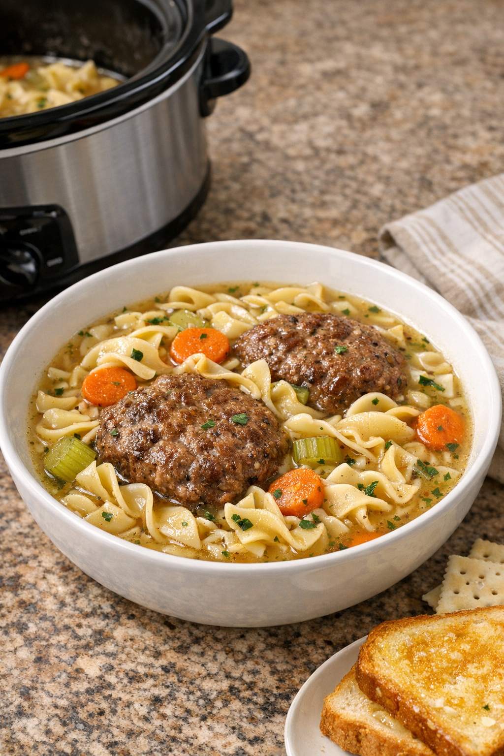 Finished bowl of chicken noodle beef stew with tender beef patties and vegetables