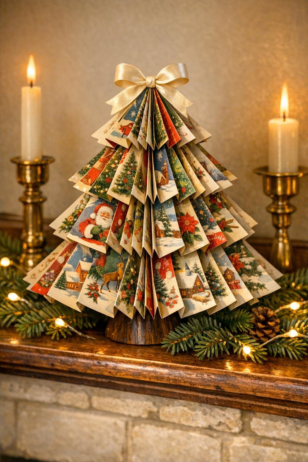 Finished Christmas card tabletop tree on a mantel