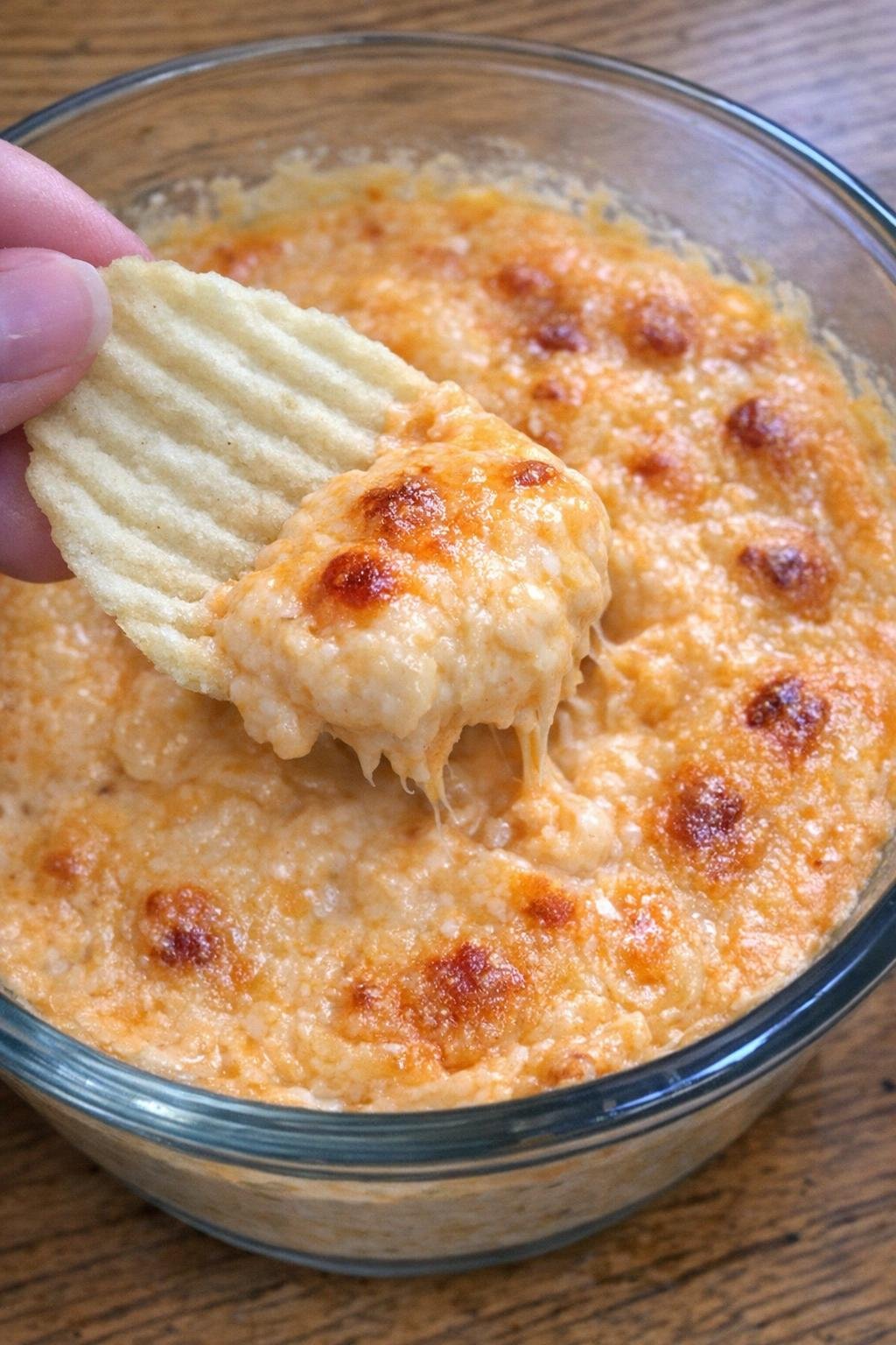 3-ingredient cheddar pembroke dip in a glass bowl with a chip scooping it