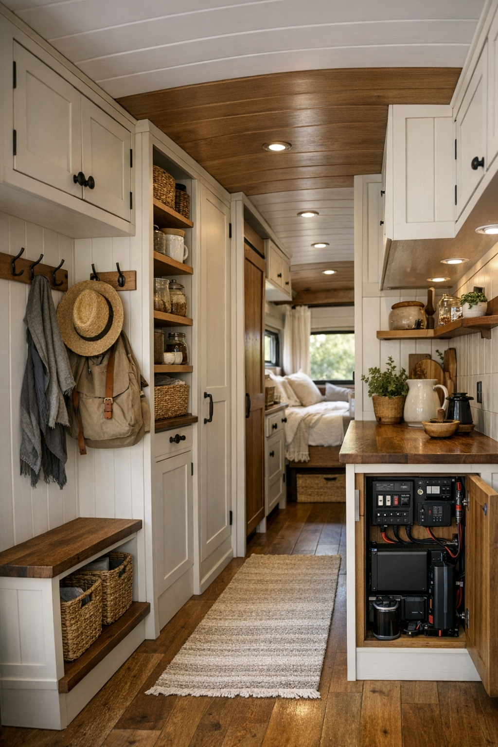 Smart transitional storage area in a converted bus with built-ins and warm wood detailing