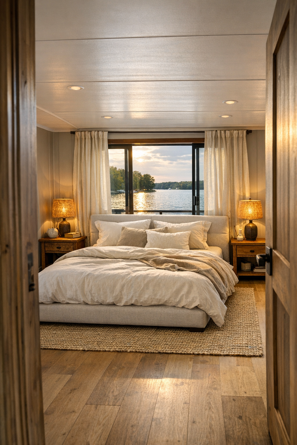 Calm bedroom with upholstered bed, soft neutral bedding, and warm wood accents