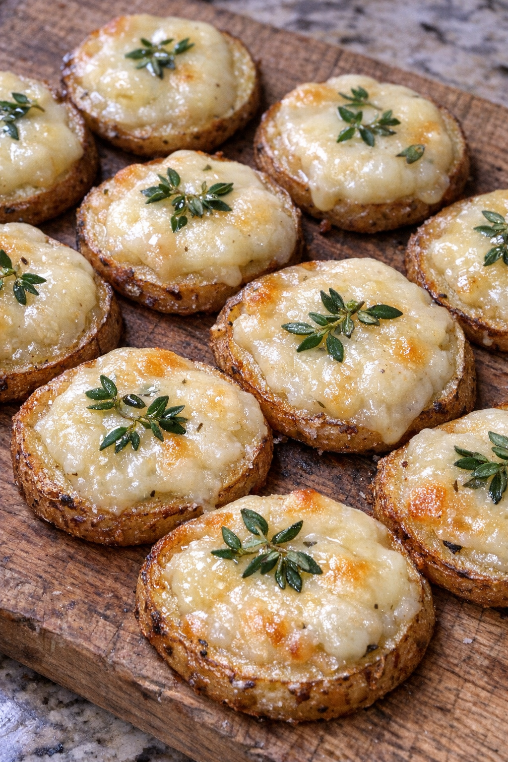 Crispy potato rounds topped with melted fontina cheese and fresh thyme on a rustic wooden cutting board