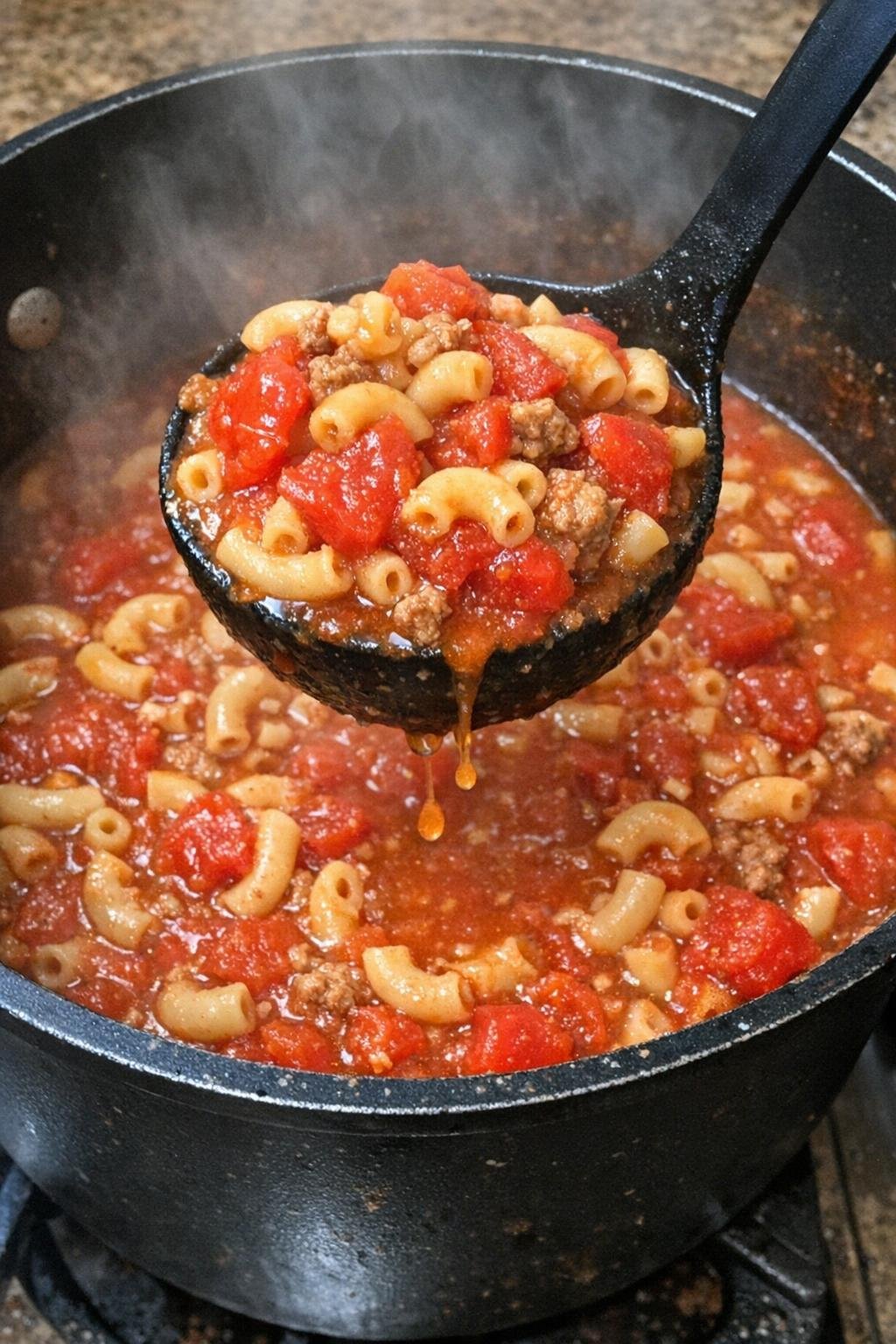 Tomatoes and macaroni in a black pot