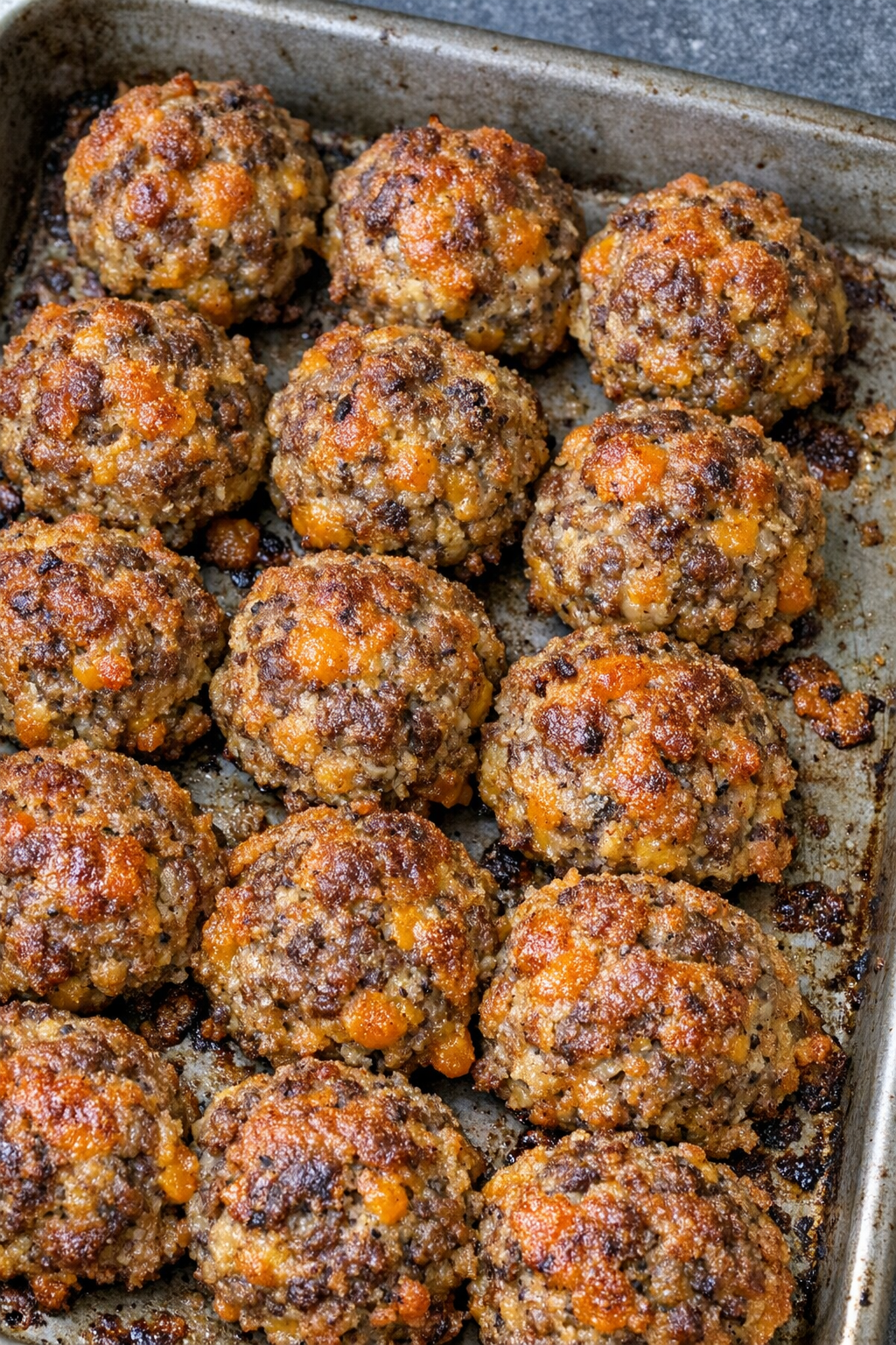Oven baked beef cheddar balls on a baking sheet