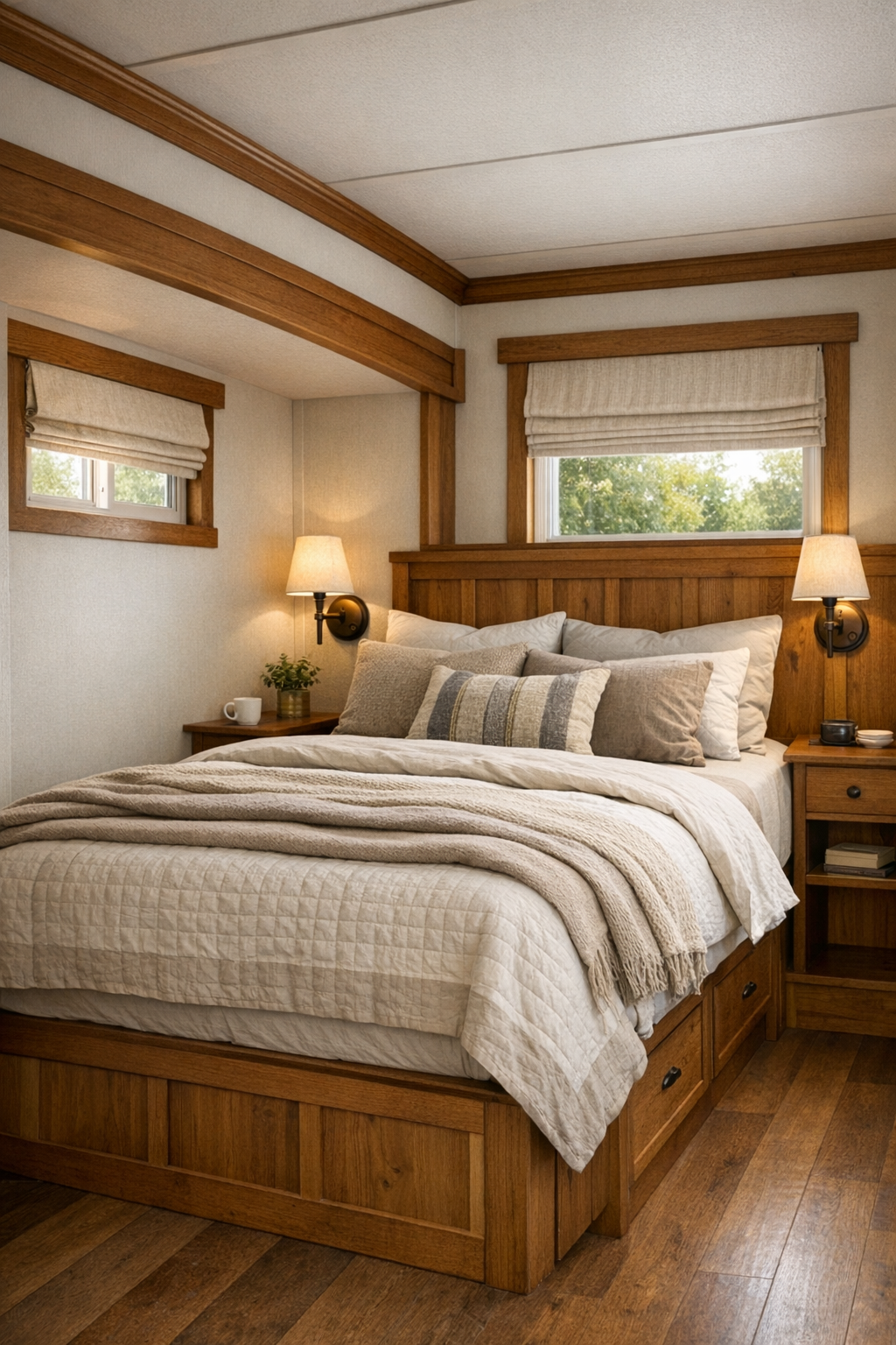 Peaceful craftsman bedroom with neutral bedding, wood trim, and reading sconces