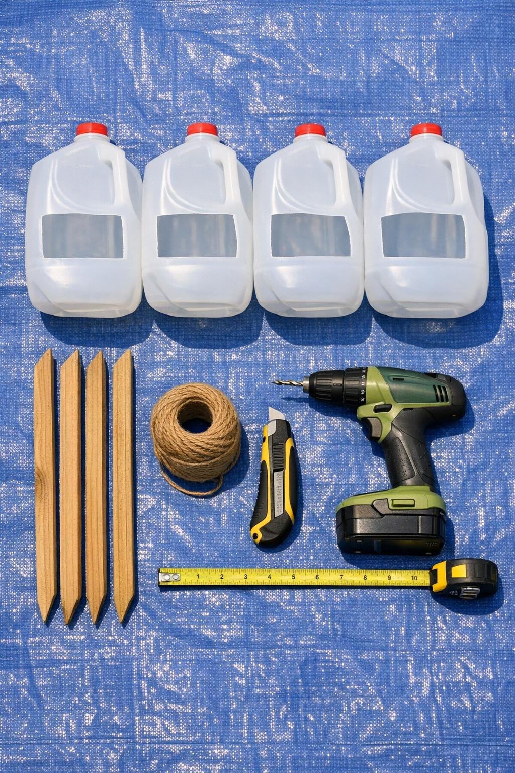 Materials for a DIY milk jug deep watering reservoir laid out on a tarp