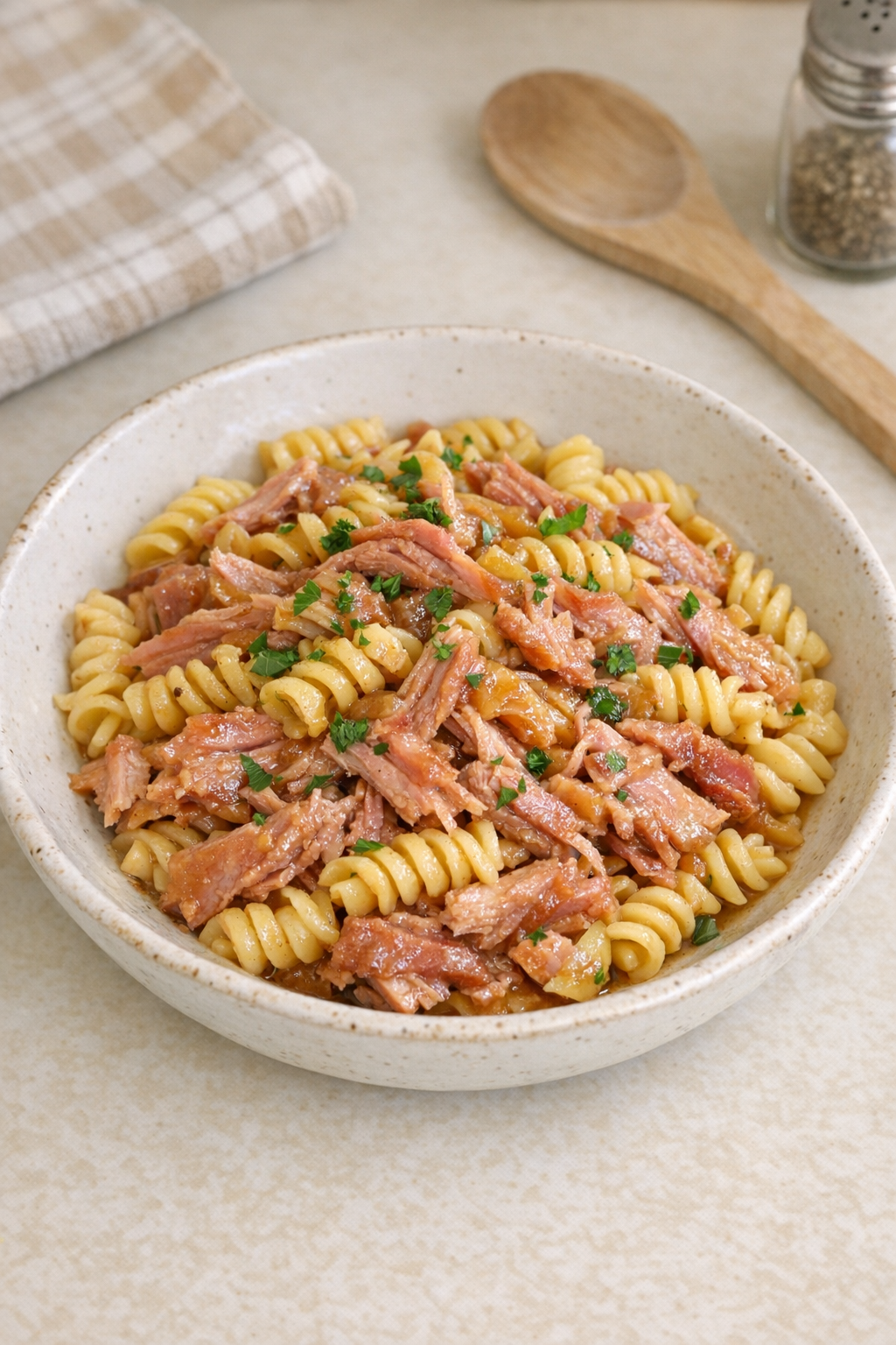 Finished apple cider ham pasta served in a rustic bowl