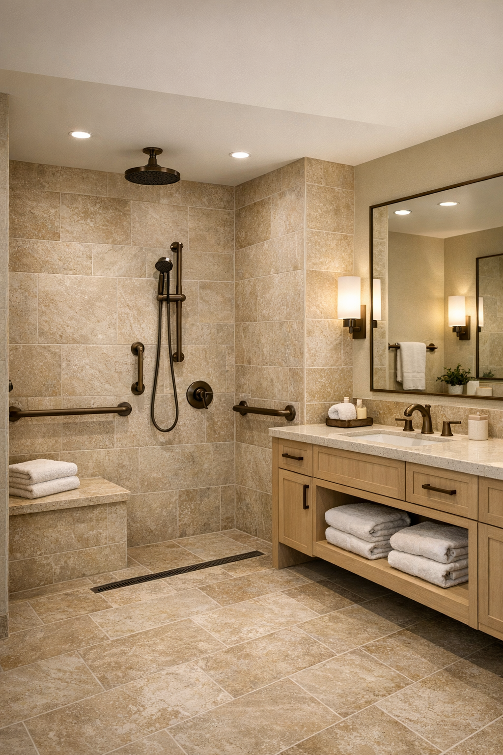 Spa-like accessible bathroom with curbless shower, warm stone tile, and pale wood vanity