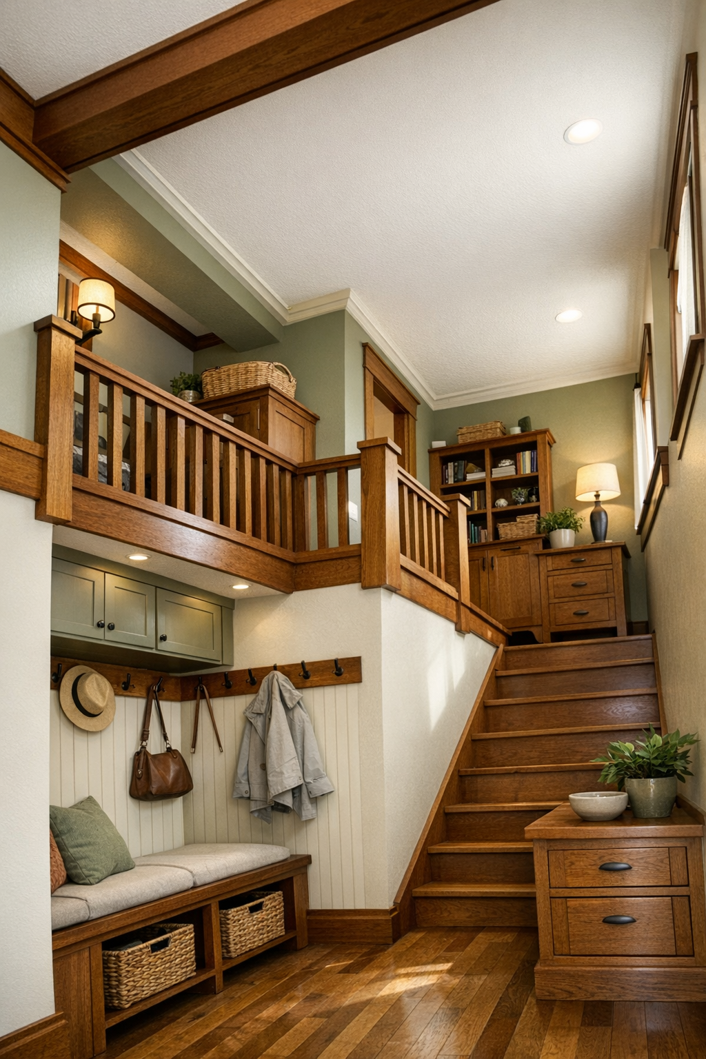 Thoughtful small-space entry and loft area with built-ins, hooks, and warm wood finishes