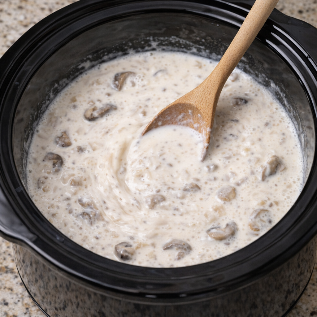 Cream of mushroom soup and milk stirred in slow cooker