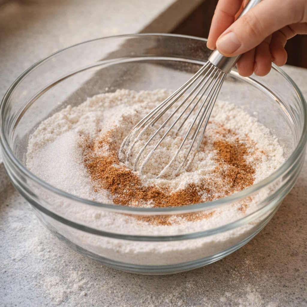 Tørre ingredienser blandes i en bolle med en visp