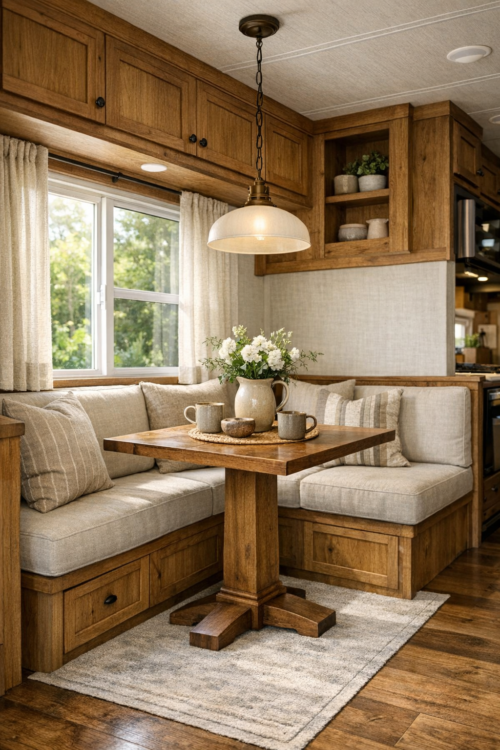 Small craftsman dining nook with built-in banquette, wood pedestal table, and window light