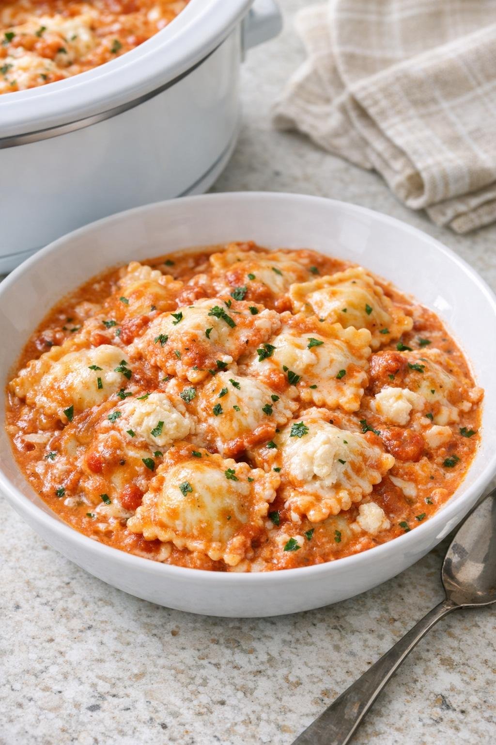 Finished creamy ravioli bake plated in a bowl